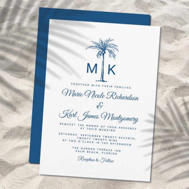 Convites Casamento Formal na Praia com Monograma de Palmeir (Elegant Monogram Palm Tree Formal Beach Wedding Invitation)