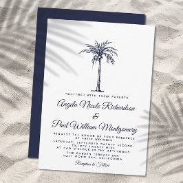 Convites Casamento Formal na Praia com Palmeira Azul Marinh