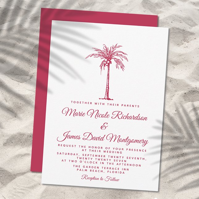 Convites Casamento Formal na Praia com Palmeira Magenta Ele (Criador carregado)