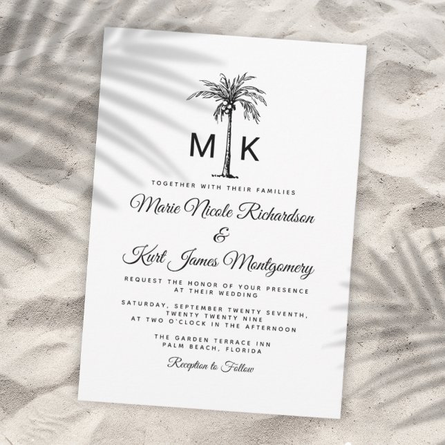 Convites Casamento Formal na Praia com Palmeira Tropical Mo (Monogram Tropical Palm Tree Formal Beach Wedding Invitation)