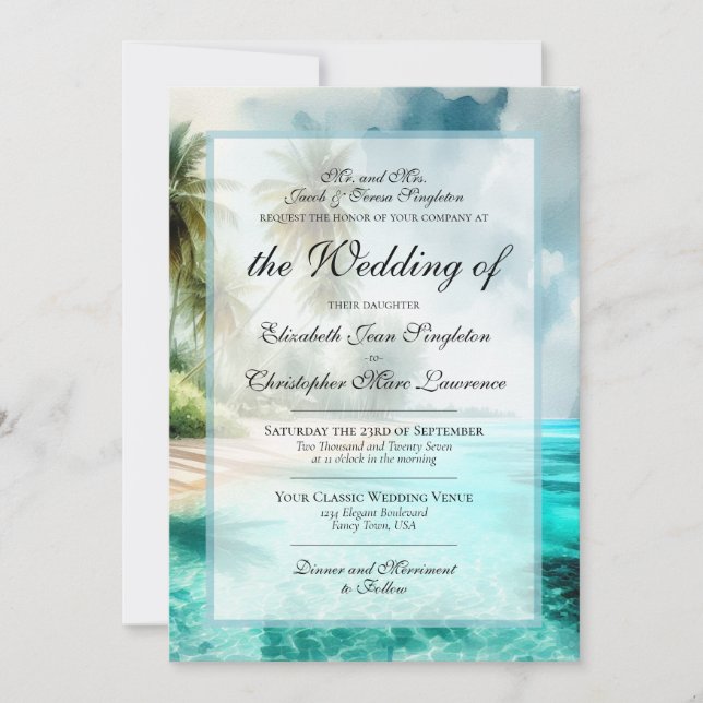 Convites Casamento Formal na Praia Tropical com Palmeiras (Frente)
