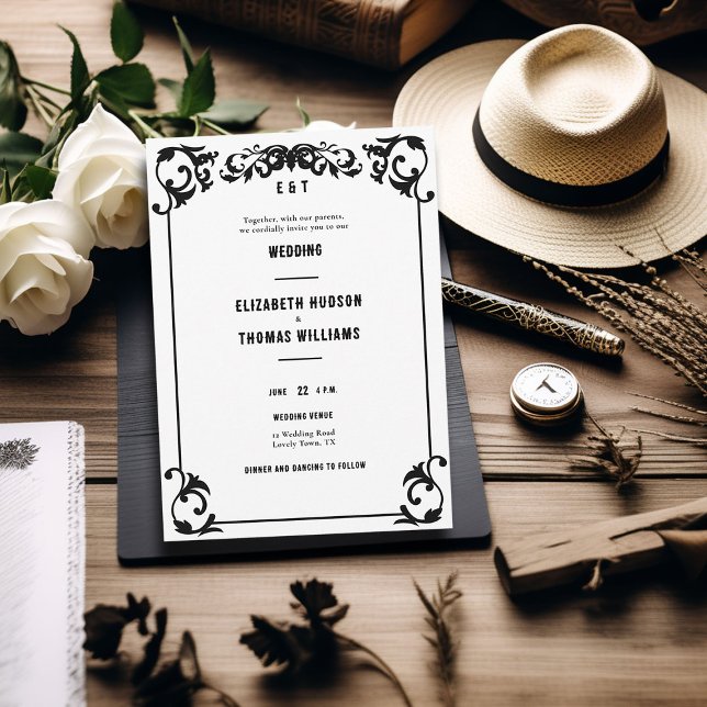Convites Casamento Formal Negro Mínimo do Oeste (country western black white wedding invitation vintage frame elegant formal rustic ranch barn classy)