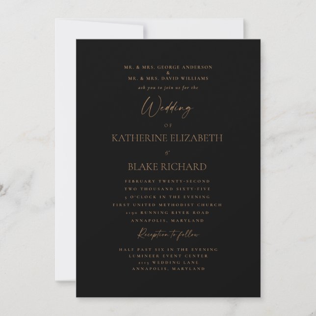 Convites Casamento Formal Pais Texto Preto Dourado (Frente)