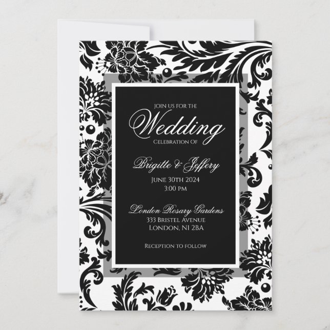 Convites Casamento formal personalizado de damasco preto e  (Frente)