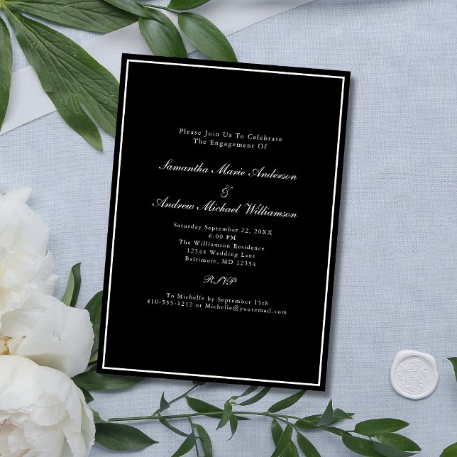 Convites Casamento Formal Preto Branco Elegante Encontro  (Black White Formal Elegant Classic Engagement Party Invitation)