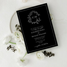 Convites Casamento Formal Preto Branco Folha Branca Crest M