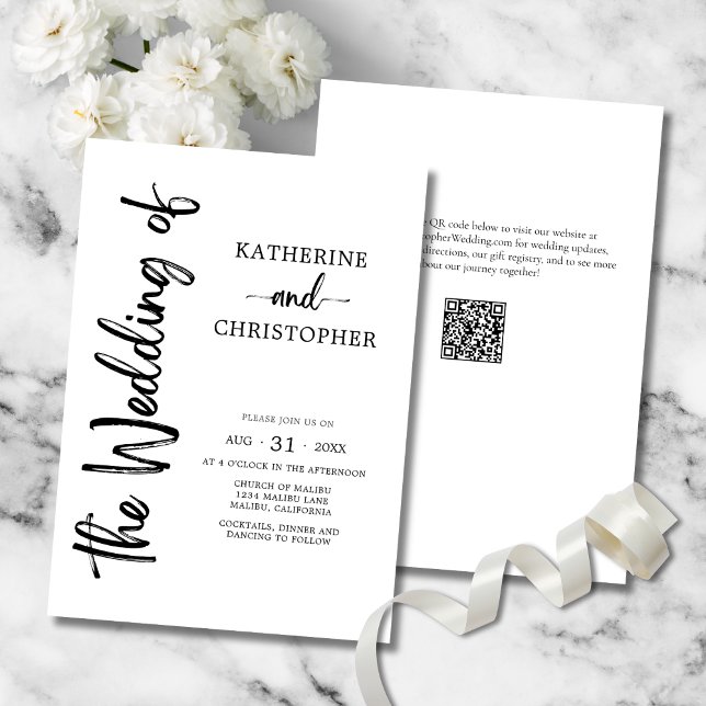 Convites Casamento Formal Preto de Script Negro e Branco El (Elegant  Bold Black & White Script Wedding Invitation with Vertical Calligraphy, QR Code.)