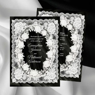 Convites Casamento Formal Preto e Branco de Rosas em Renda