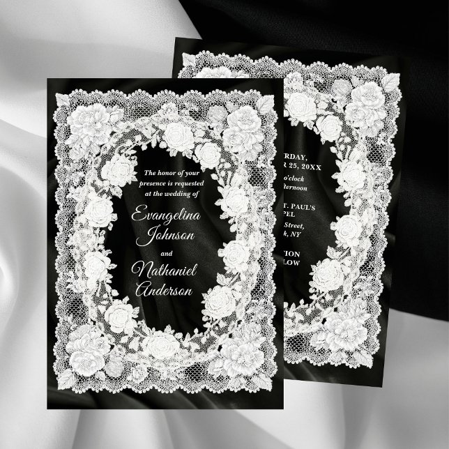 Convites Casamento Formal Preto e Branco de Rosas em Renda  (Criador carregado)