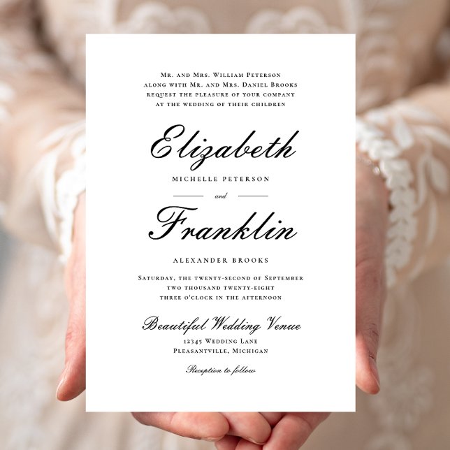 Convites Casamento Formal Preto e Branco de Script de ornam (Criador carregado)