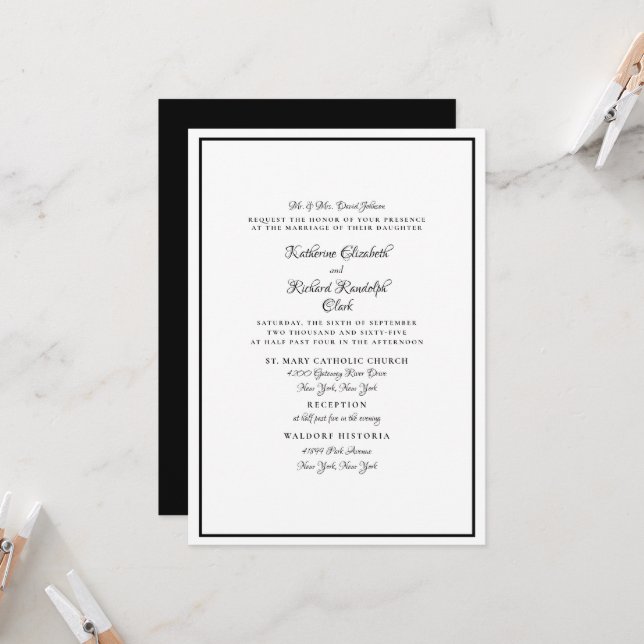Convites Casamento Formal Preto e Branco Escrito Elegante (Frente/Verso In Situ)