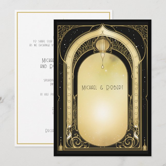 Convites Casamento Formal Preto e Dourado Art Deco (Frente/Verso)