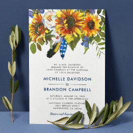 Convites Casamento Formal Rustic Watercolor Blue Sunflower