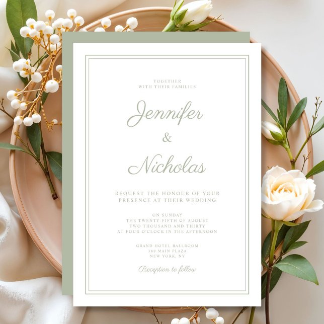 Convites Casamento Formal Sage Green Script (Elegant Formal Sage Green Script Wedding Invitation)