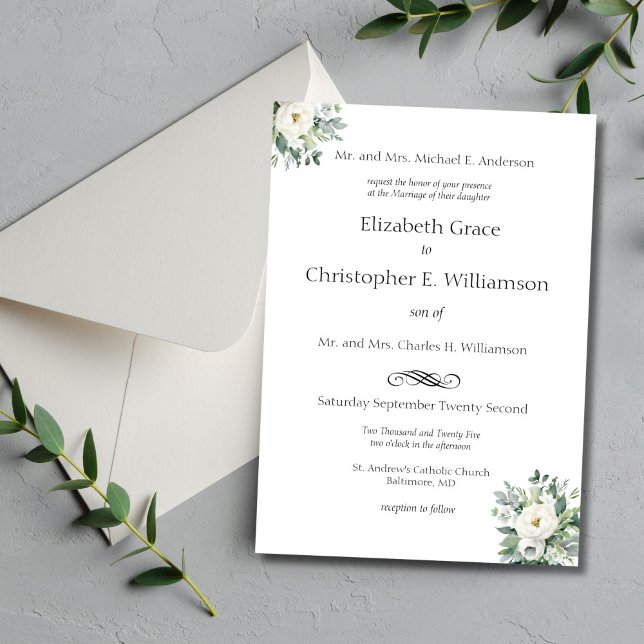 Convites Casamento Formal Tradicional com Flores Brancas e  (White Floral Greenery Wedding Invitation Elegant Traditional Formal Classic Grooms parents names)