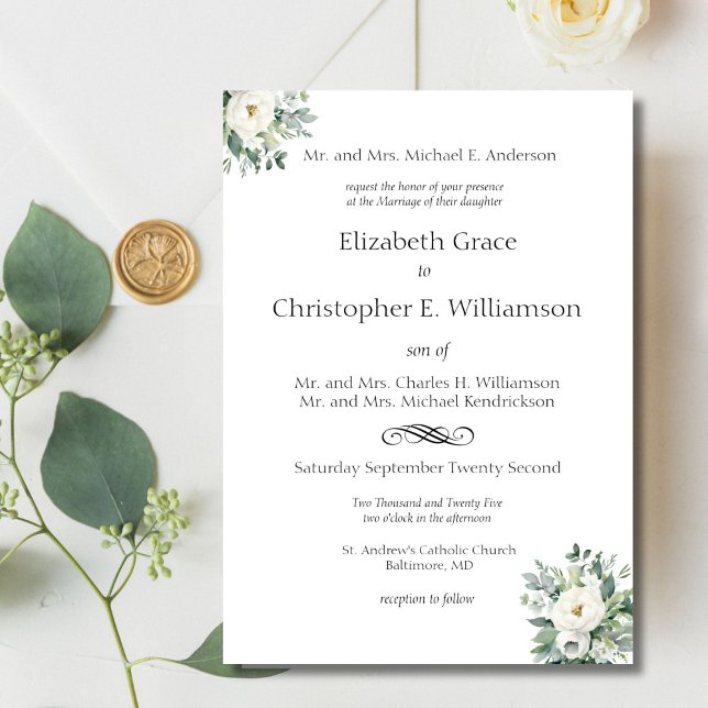 Convites Casamento Formal Tradicional com Flores Brancas e  (White Floral Traditional Classic Elegant, Both Parents names, Wedding Invitation)