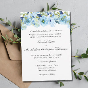 Convites Casamento Formal Tradicional Floral Azul Elegante
