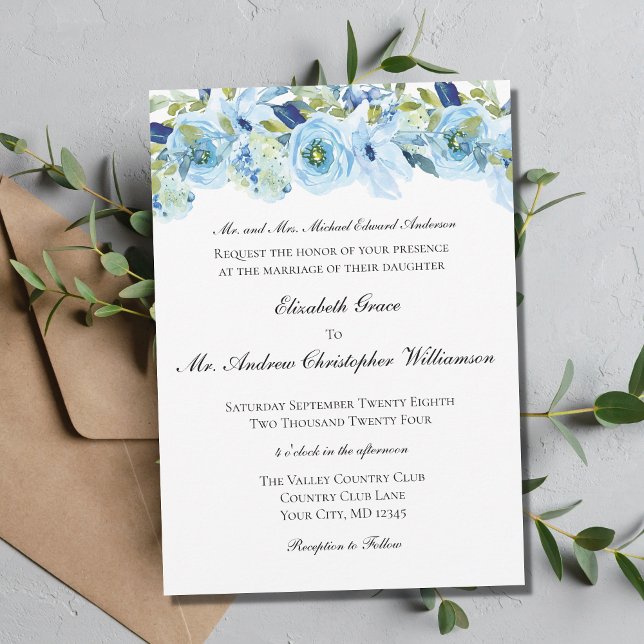 Convites Casamento Formal Tradicional Floral Azul Elegante (Criador carregado)