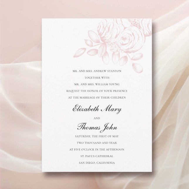 Convites Casamento Formal Tradicional Pink Blush Sketch Pin (peony wedding invitation formal traditional parents name floral sketch pink blush classic romantic)