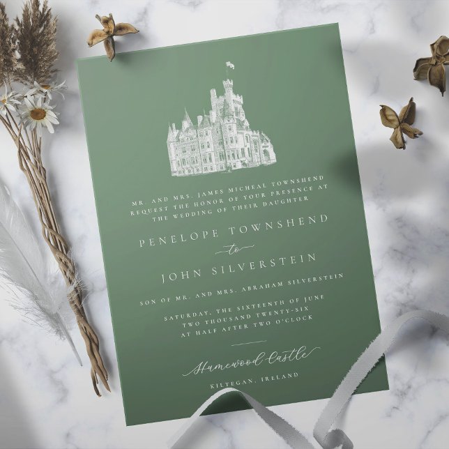 Convites Casamento Formal Verde da Ilustração do Castelo El (Sage green formal wedding invitation with an illustration of a castle)