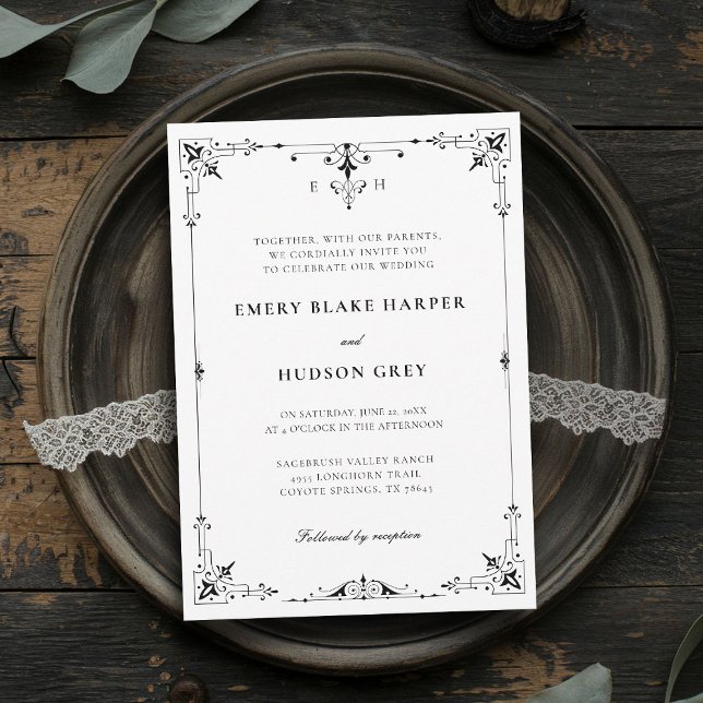 Convites Casamento Formal Vintage Deco Country (vintage western wedding invitation formal traditional modern classic black white frame elegant )