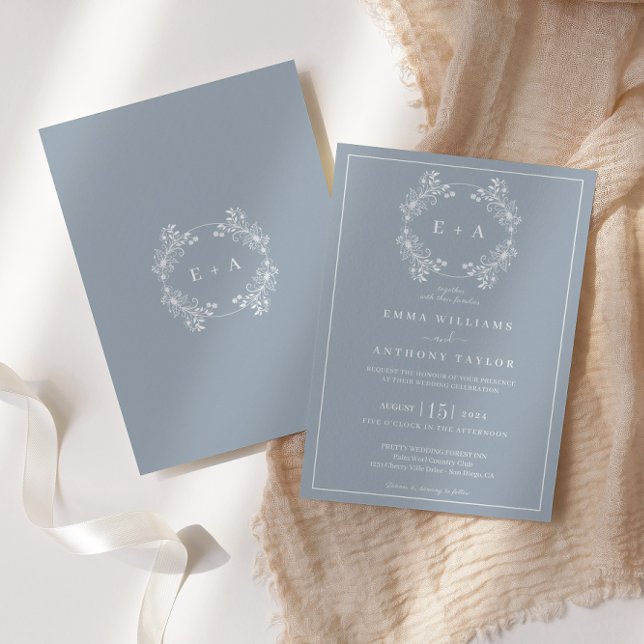 Convites Casamento Formal Vintage Dusty Blue Monograma (Criador carregado)