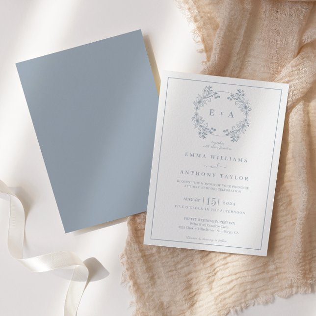 Convites Casamento Formal Vintage Dusty Blue Monograma (Criador carregado)