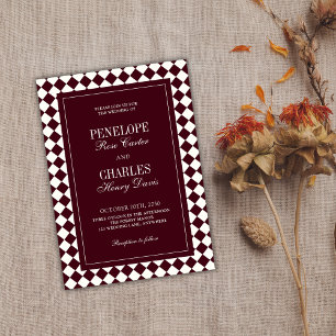 Convites Casamento Formal Xadrez Burgundy Vintage Elegante