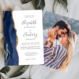 Convites Casamento Foto Ágata Azul Dourado Moderno