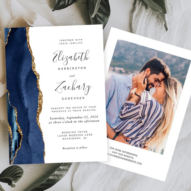 Convites Casamento Foto Ágata Azul Dourado Moderno (Criador carregado)