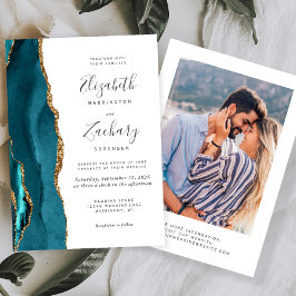 Convites Casamento Foto Ágata Azul Teal Moderno Dourado