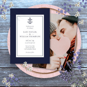 Convites Casamento Foto Âncora Azul Naval e Branco