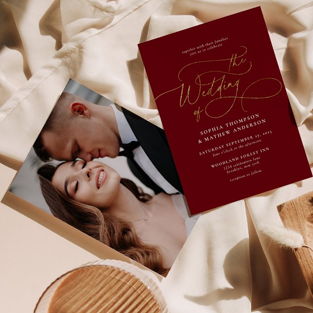 Convites Casamento Foto Caligrafia Script Dourado Borgonha (Criador carregado)