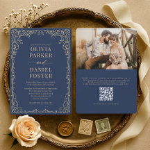 Casamento Foto Código QR Azul Naval Dourado Elegan