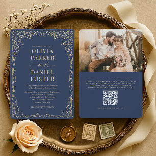 Convites Casamento Foto Código QR Azul Naval Dourado Elegan