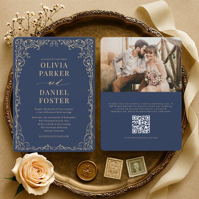 Convites Casamento Foto Código QR Azul Naval Dourado Elegan (Criador carregado)