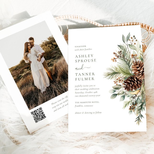 Convites Casamento Foto Código QR de Vegetação de Pinheiro  (Criador carregado)