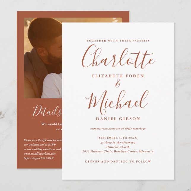 Convites Casamento Foto Código QR Elegante Script Terracota (Frente/Verso)