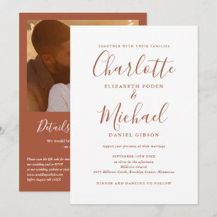 Convites Casamento Foto Código QR Elegante Script Terracota