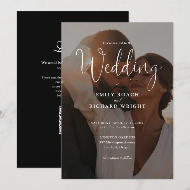 Convites Casamento Foto Código QR Script Moderno Elegante (Frente/Verso)
