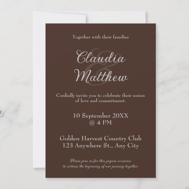 Convites Casamento Foto com Café Espresso Elegante e Letra  (Frente)