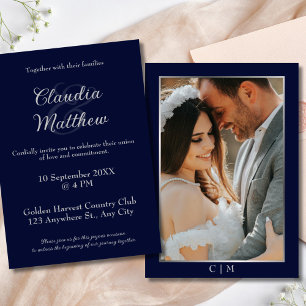 Convites Casamento Foto com Grafia Azul e Prata Elegante
