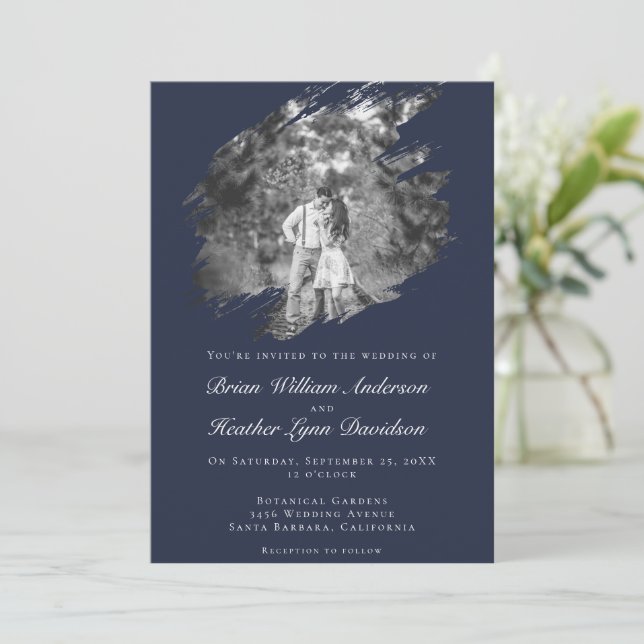 Convites Casamento Foto com Pincelada Moderna | Azul Naval (Em pé/Frente)
