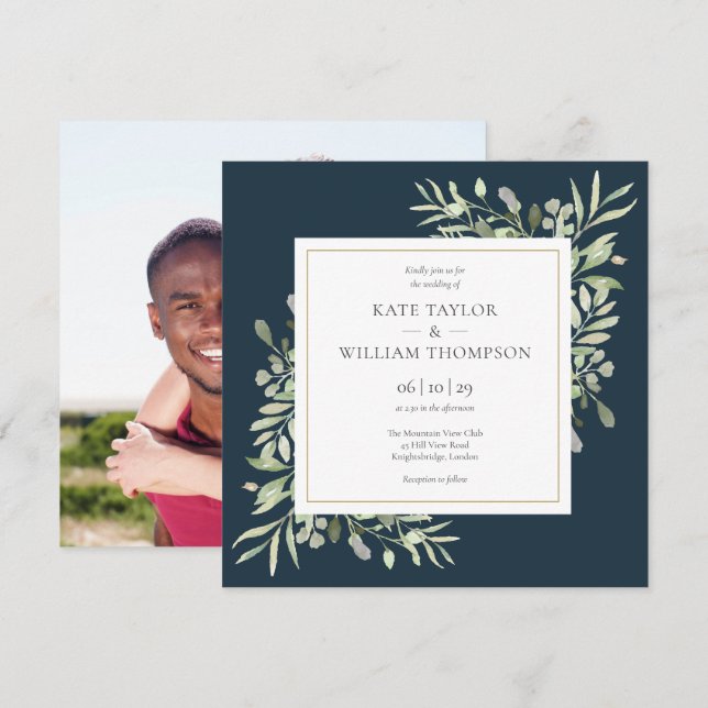 Convites Casamento Foto com Vegetação Azul Marinho Moderno (Frente/Verso)