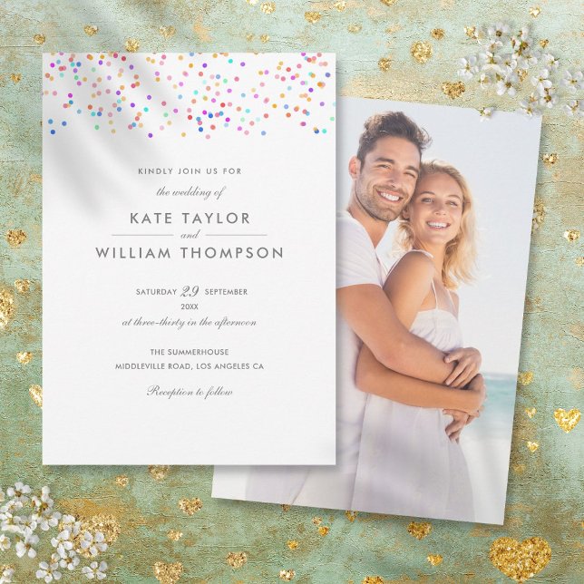 Convites Casamento Foto Confetes Arco-íris Moderno (Modern Rainbow Confetti Photo Wedding Invitation)