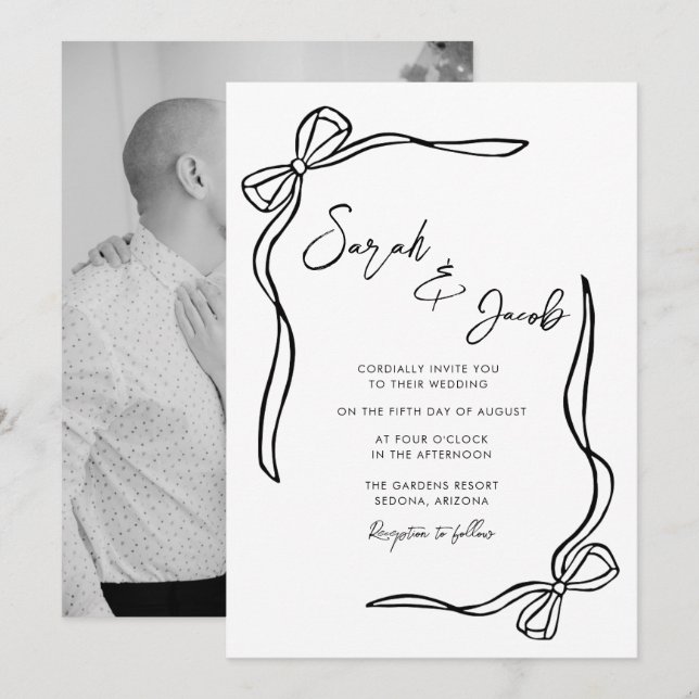 Convites Casamento Foto Coquette Preto e Branco (Frente/Verso)