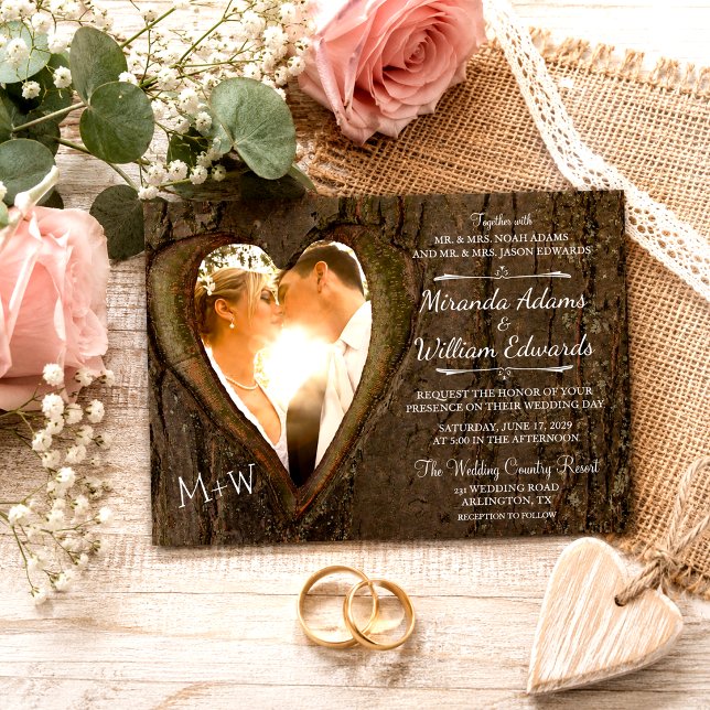 Convites Casamento Foto Coração Árvore Madeira Rústica (Criador carregado)