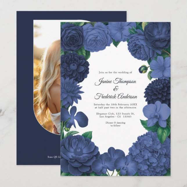 Convites Casamento Foto e Código QR Floral Azul Marinho (Frente/Verso)