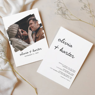 Convites Casamento Foto Escrita à Mão Minimalista Escovada