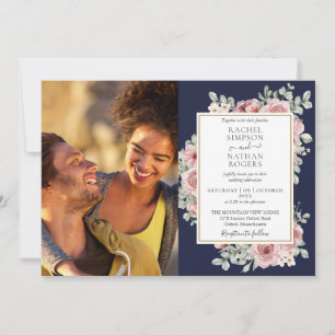 Convites Casamento Foto Floral Azul Marinho Dourado